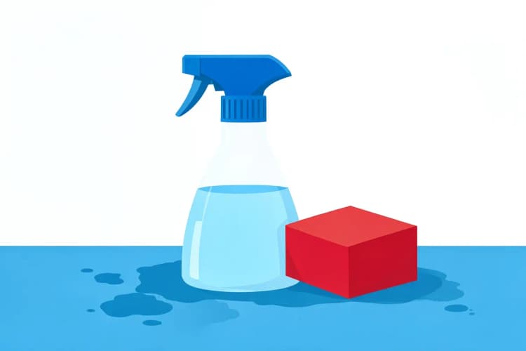 Uma garrafa de spray com um líquido claro sobre um tapete com mofo, com uma esponja ao lado.