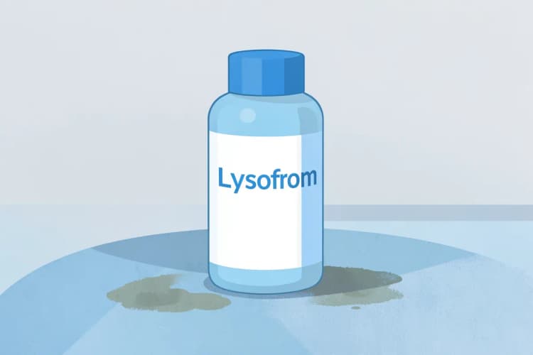 Uma garrafa de Lysoform ao lado de um tapete com uma pequena mancha de mofo.