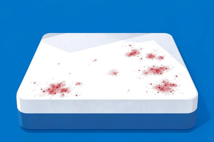 Um colchão branco com manchas de sujeira e ácaros, simbolizando a necessidade de limpeza.