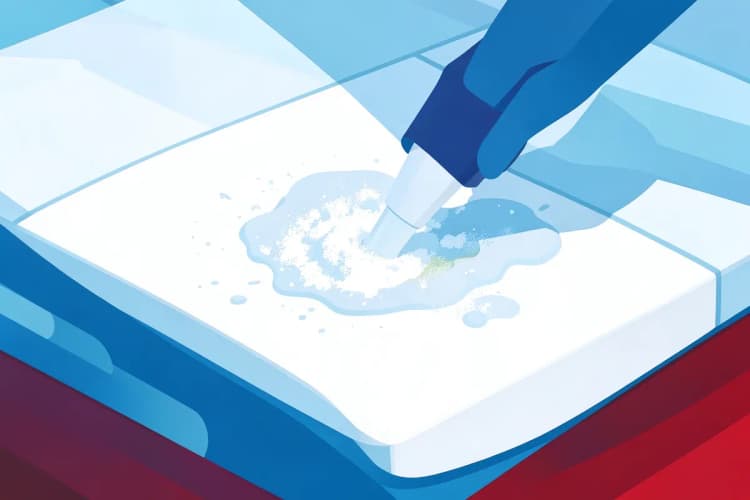 Um colchão branco com uma mistura de bicarbonato de sódio e vinagre sendo aplicada.