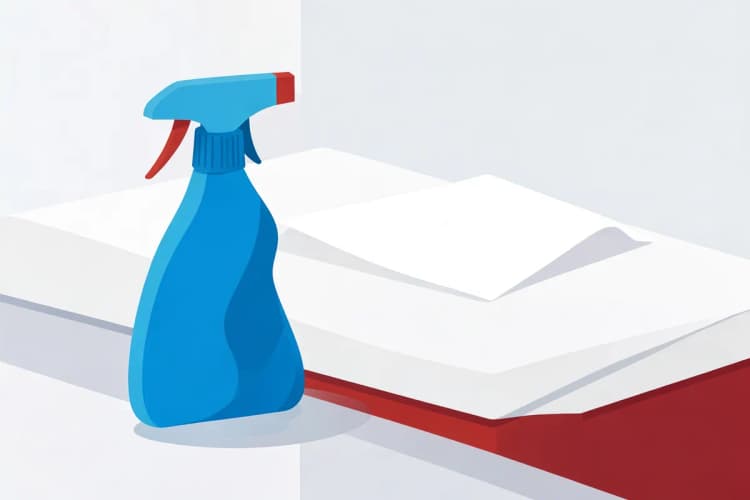 Um frasco de spray com uma solução de limpeza e um pano ao lado de um colchão branco.