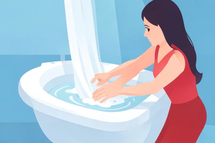 Mulher lavando delicadamente uma cortina em uma banheira com água e sabão neutro.