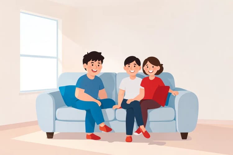 Uma família sorrindo sentada em um sofá limpo e confortável em uma sala de estar bem iluminada.