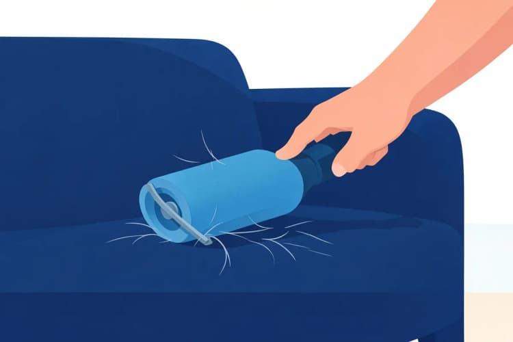 Um rolo de borracha adesivo sendo usado para remover pelos de um sofá azul escuro.