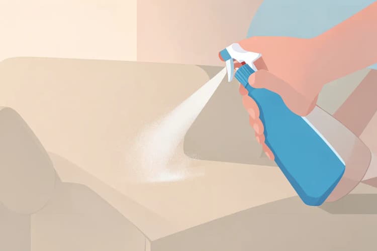 Um spray neutralizador de odores sendo aplicado em um estofado de tecido bege.