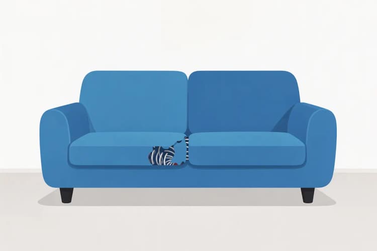 Um sofá azul moderno com as molas expostas em uma das laterais, indicando um problema estrutural.