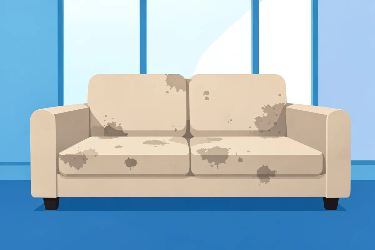 Um sofá bege com manchas escuras e descoloridas em várias partes do tecido.