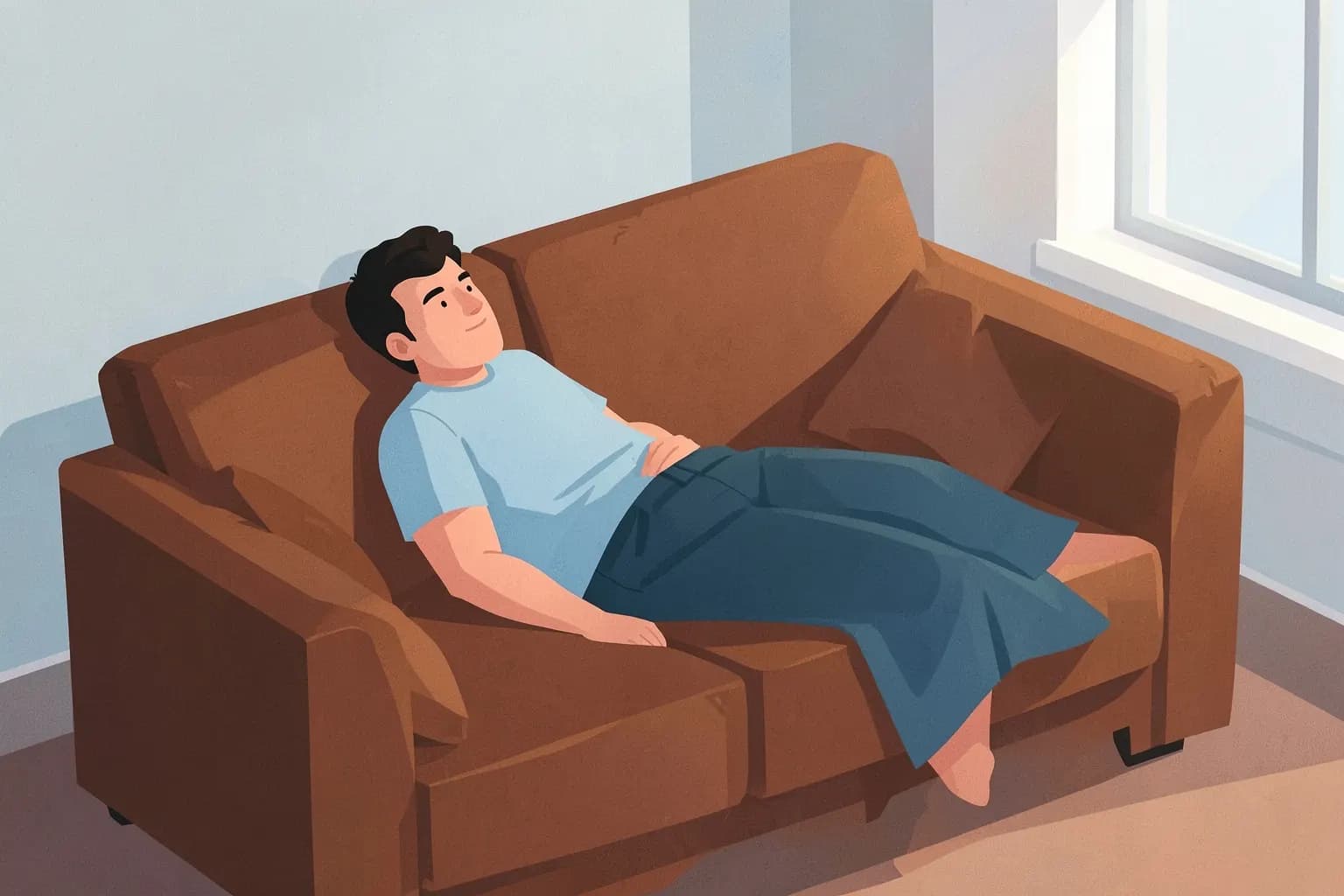 Um homem deitado em um sofá marrom desgastado, com almofadas amassadas e um cobertor jogado de qualquer jeito.