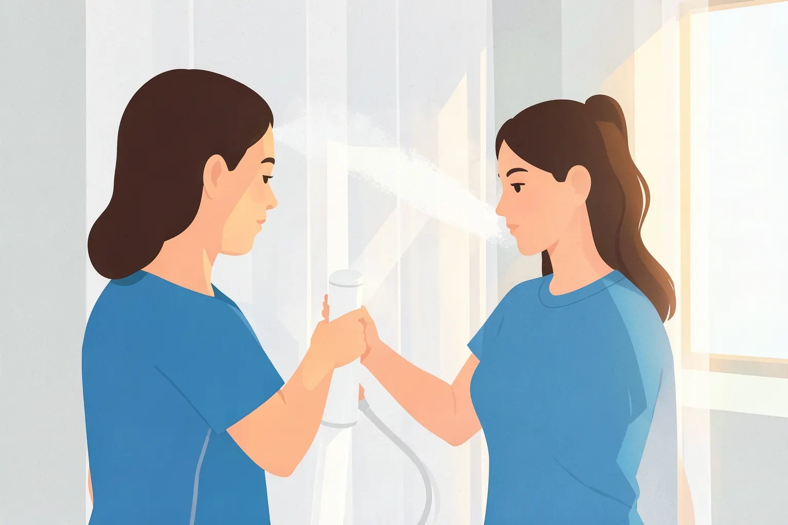Uma mulher limpando cortinas brancas com um limpador a vapor vertical, com vapor visível saindo do bico.