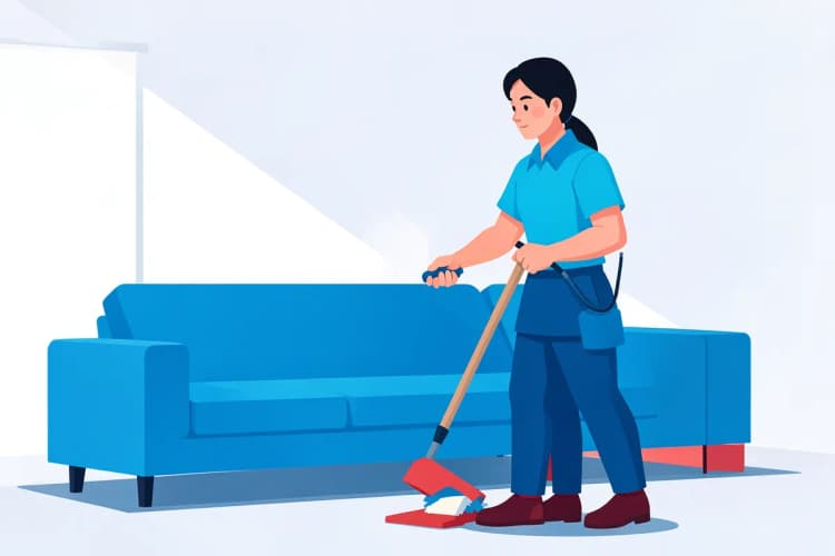Uma profissional de limpeza com equipamento, pronta para higienizar um sofá em uma sala de estar.
