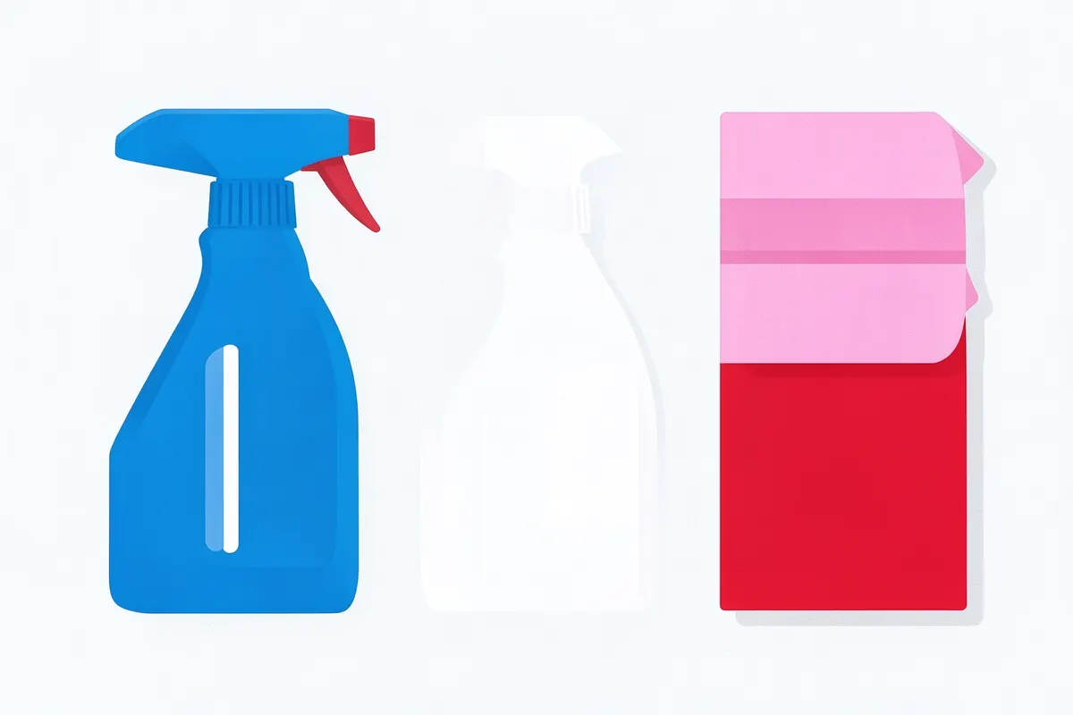 Diversos produtos de limpeza doméstica, incluindo sprays e panos, dispostos sobre uma superfície.