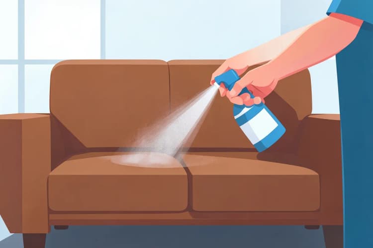 Pessoa aplicando spray em um sofá de couro marrom para limpeza.