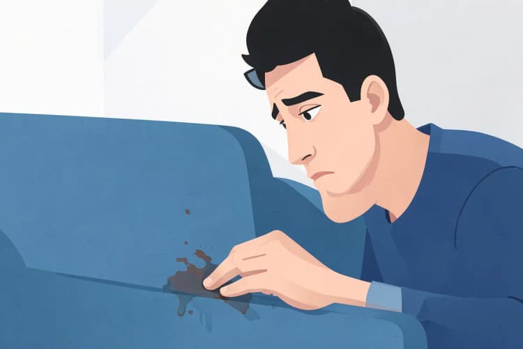 Homem examinando atentamente um sofá de tecido manchado.