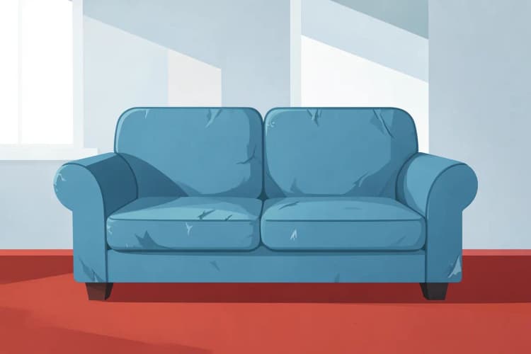 Sofá de tecido desgastado com aparência antiga em uma sala de estar.